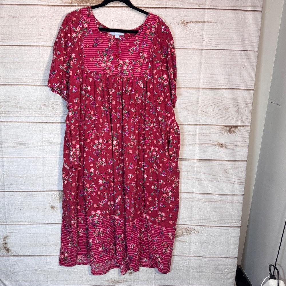 Only Necessities Muumuu House Dress Womens 2X Red Floral Cotton Lounger Pockets